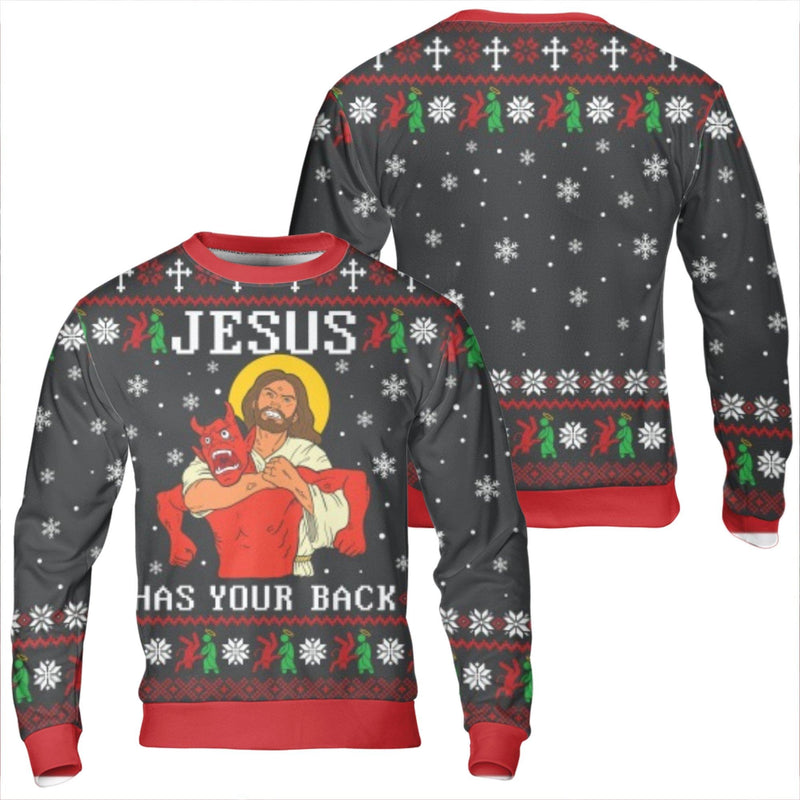 Humorous Ugly Christmas Sweatshirt, Jesus Has Your Back Sweatshirt, Christian Holiday Sweatshirt, Religious Xmas Crewneck Pullover, Faith Present