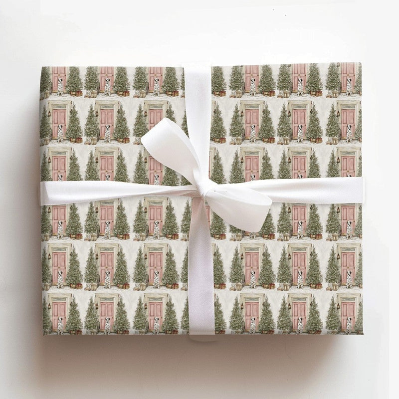 Pink Door Watercolor Dog Gift Wrap, Dalmatian Christmas Wrapping Paper, Dalmatian Holiday Wrapping Paper, Festive Winter Present Wrap