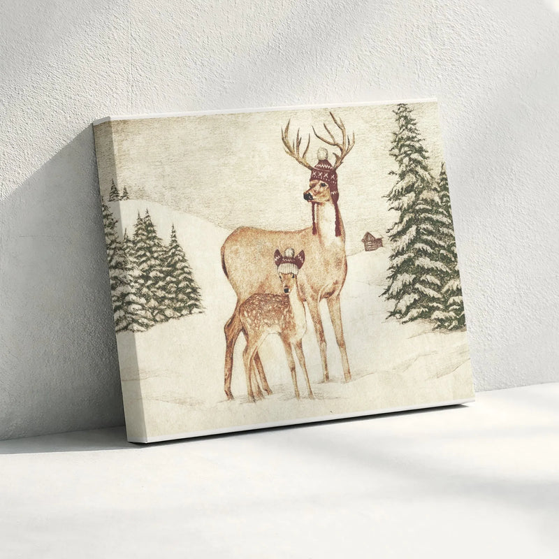 Whimsical Knit Hat Deer Canvas Print, Winter Deer Canvas Wall Art, Rustic Woodland Animal Wall Art, Cabin Christmas Holiday Decor Present