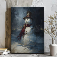 Winter Night Snowman Painting, Snowman Canvas Wall Art, Holiday Snowman Art Print, Farmhouse Christmas Decor, Printable Digital Download