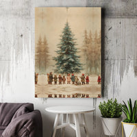 Children in Snowy Forest Canvas, Vintage Christmas Tree Canvas Print, Winter Wonderland Wall Art, Retro Holiday Wall Decor, Xmas Canvas Art