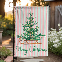 Pink Mint Stripe Xmas Yard Flag, Vintage Sleigh Merry Christmas Garden Flag, Retro Tree Outdoor Flag, Festive Holiday Lawn Porch Banner