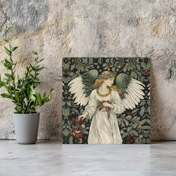William Morris Botanical Canvas Print, Christmas Angel Square Canvas, Holly Berry Holiday Wall Canvas Art, Religious Xmas Pre