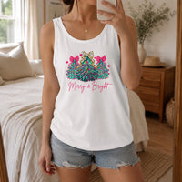 Retro Colorful Xmas Tree Tank, Merry and Bright Christmas Tree Tank Top, Pink Bow Holiday Sleeveless Tee, Christmas Beach Tank, Xmas Present