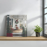 Rustic Holiday Wreath Canvas Art, Christmas Farmhouse Porch Canvas Print, Winter Rocking Chairs Wall Canvas, Comfy Holiday Decor Present Canvas