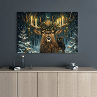 Winter Forest Stag and Cat Wall Art, Christmas Stag Canvas Print, Rustic Holiday Canvas Painting, Festive Home Decor, Nature Present