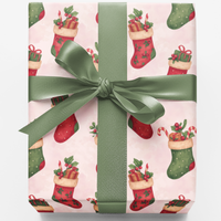 Candy Cane Holly Gift Wrap, Merry Mantle Christmas Stocking Wrapping Paper, Festive Red Green Holiday Gift Wrapping Paper, Xmas Gift Wrap