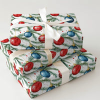 Watercolor Pine Christmas Gift Wrap, Red and Blue Ornament Wrapping Paper, Festive Bauble Wrapping Paper, Holiday Present Wrapping Paper