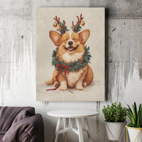 Holiday Puppy Reindeer Antlers Canvas Print, Christmas Corgi Canvas Wall Art, Adorable Dog Winter Wall Decor, Festive Xmas Dog Lover Canvas