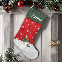 Green Plaid Holiday Stocking, Dinosaur Christmas Stocking, Custom Dino Velboa Stocking, Festive Fireplace Mantle Decor, Kids Christmas Present