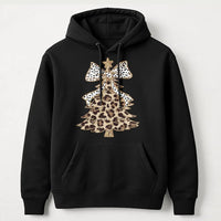 Festive Polka Dot Bow Hooded Sweatshirt, Leopard Print Christmas Tree Hoodie, Adorable Xmas Tree Graphic Pullover, Winter Holiday Hoodie Present
