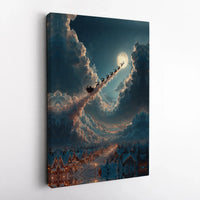 Christmas Wall Art Canvas, Santa Sleigh Flying Over Snow Village Canvas, Holiday Winter Scene Canvas Print