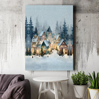 Snowy Winter Wonderland Canvas Print, Christmas Village Canvas Wall Art, Watercolor Holiday Village Canvas, Xmas Town Living Room Decor