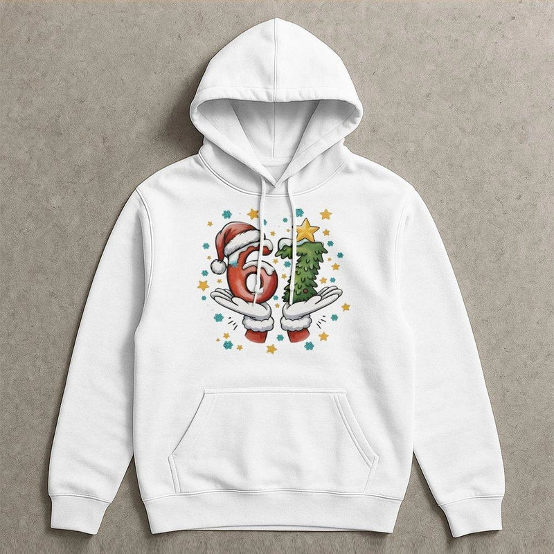 Humorous Santa Hands Number Meme Hoodie, 67 Christmas Hoodie, Holiday Party Humor Hooded Sweatshirt, Adorable Xmas Graphic Pullover Present
