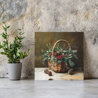 Rustic Holly Berry Canvas Print, Christmas Basket Still Life Canvas Wall Art, Winter Pinecone Painting, Holiday Decor Digital Download
