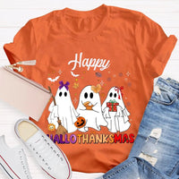 Adorable Three Ghosts Holiday Tee, Happy Hallothankmas T-Shirt, Halloween Thanksgiving Christmas Shirt, Humorous Ghost Graphic T-Shirt