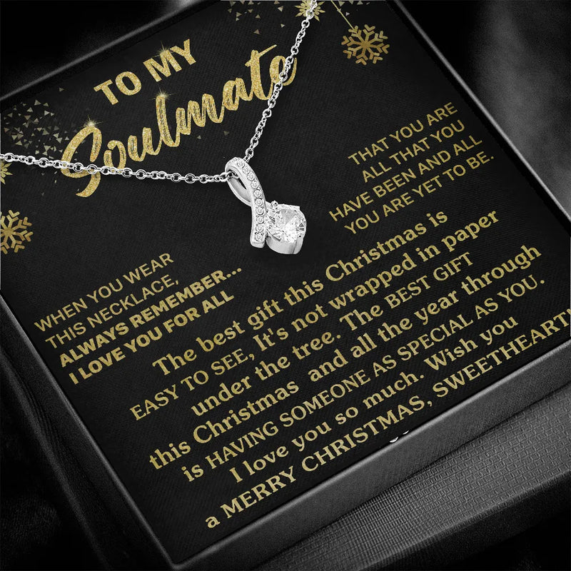 Sparkly Cubic Zirconia Pendant, Soulmate Ribbon Necklace, 14k White Gold Over Stainless Steel Necklace, Romantic Wife Christmas Jewelry Present