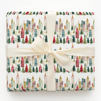 Watercolor Urban Holiday Gift Wrap, Christmas City Skyline Wrapping Paper, Cityscape Tree Gift Wrapping Paper, Festive Roll Wrapping Paper