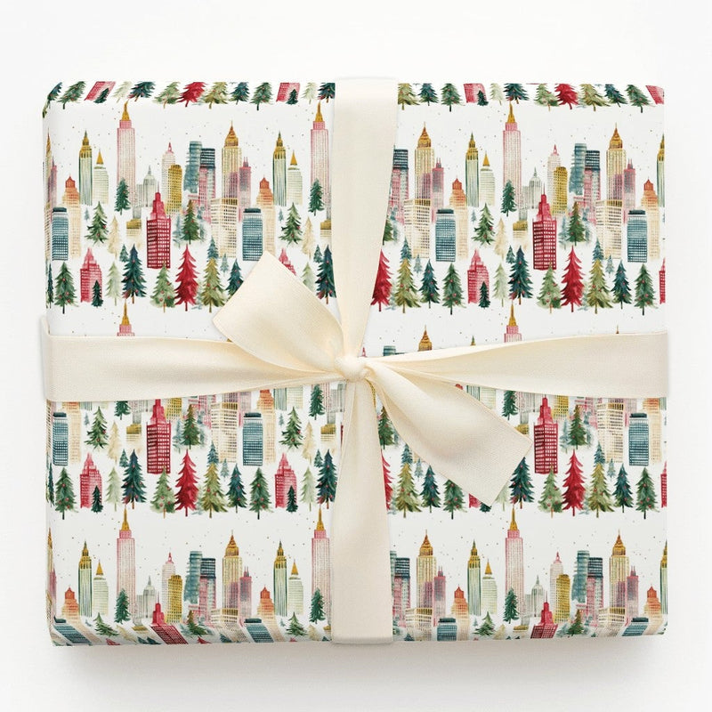 Watercolor Urban Holiday Gift Wrap, Christmas City Skyline Wrapping Paper, Cityscape Tree Gift Wrapping Paper, Festive Roll Wrapping Paper