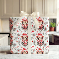 Watercolor Animal Holiday Gift Wrap, Adorable Christmas Monkey Wrapping Paper, Winter Hat Monkey Wrapping Paper, Festive Pine Berry Gift Wrap