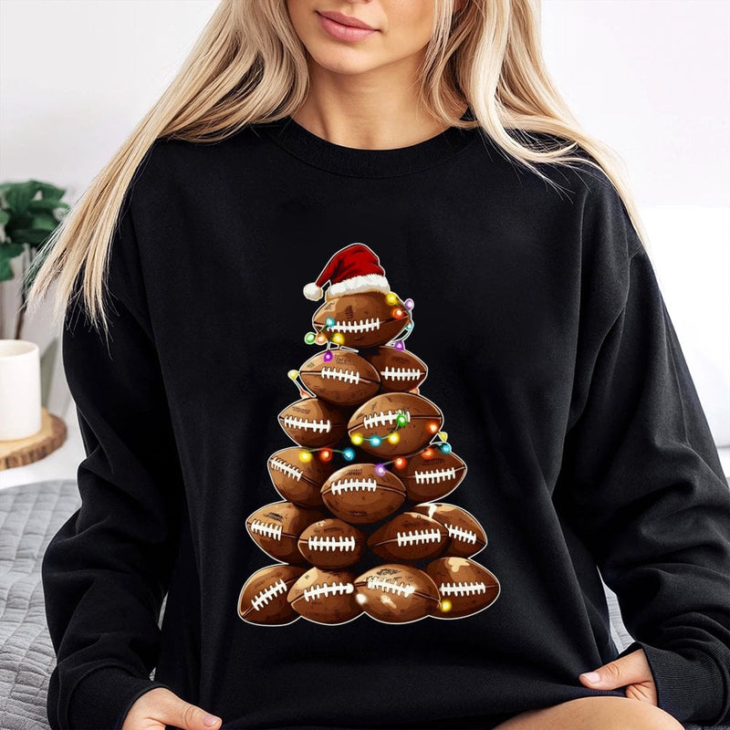 Santa Hat Football Game Day Sweater, Football Christmas Tree Sweatshirt, Humorous Holiday Sports Graphic Crewneck, Xmas Fan Pullover
