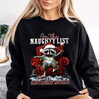 Humorous Naughty List Raccoon Pullover, Raccoon Christmas Sweatshirt, Adorable Trash Panda Crewneck, Retro Holiday Animal Present Raccoon Sweatshirt
