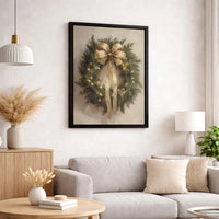 Gold Bow Fairy Lights Canvas Print, Christmas Wreath Canvas Wall Art, Holiday Floral Canvas Art, Winter Season Wall Decor, Xmas Family Present