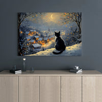 Snowy Winter Night Village Scene, Christmas Black Cat Canvas Wall Art, Comfy Holiday Kitten Print, Xmas Present Digital Download Decor