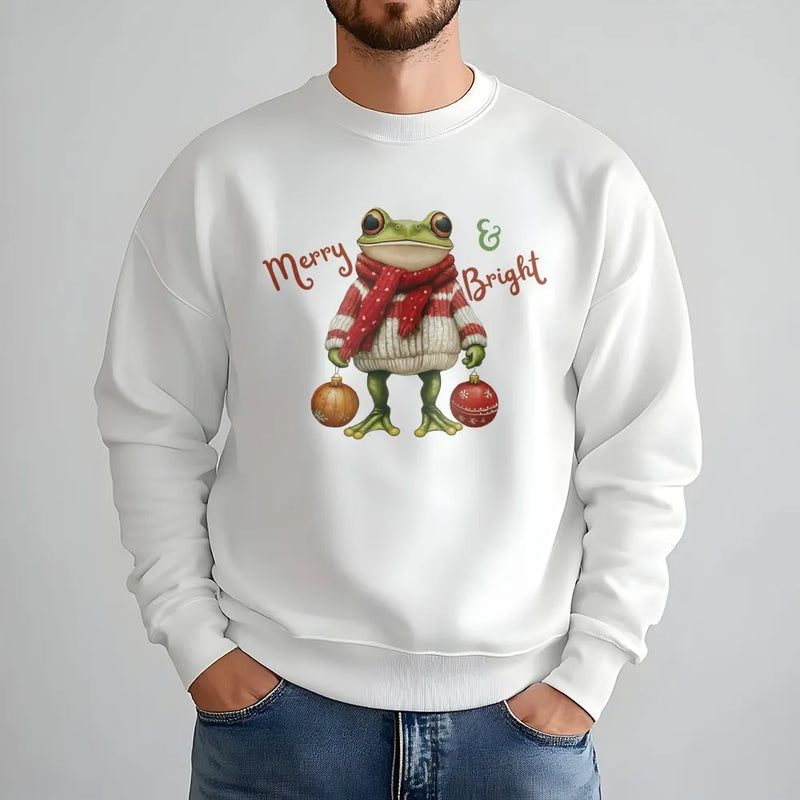 Humorous Christmas Frog Crewneck, Merry and Bright Frog Sweatshirt, Adorable Holiday Animal Sweater, Winter Frog Lover Pullover, Comfy Xmas Present
