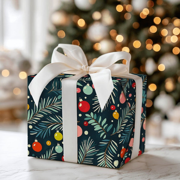 Pine Branch Holiday Gift Wrap, Colorful Ornaments Christmas Wrapping Paper, Navy Blue Xmas Wrapping Paper, Festive Winter Gif