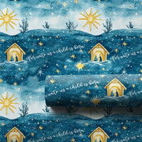 Blue Nativity Scene Gift Wrap, Unto Us a Child Is Born Wrapping Paper, Star of Bethlehem Paper, Christian Christmas Holiday Present Wrap