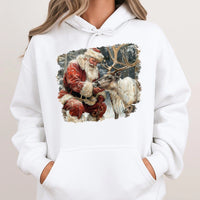 Comfy Christmas Graphic Hoodie, Vintage Santa and Reindeer Hoodie, Retro Holiday Winter Hoodie, Adorable Xmas Pullover Sweatshirt, Winter Present