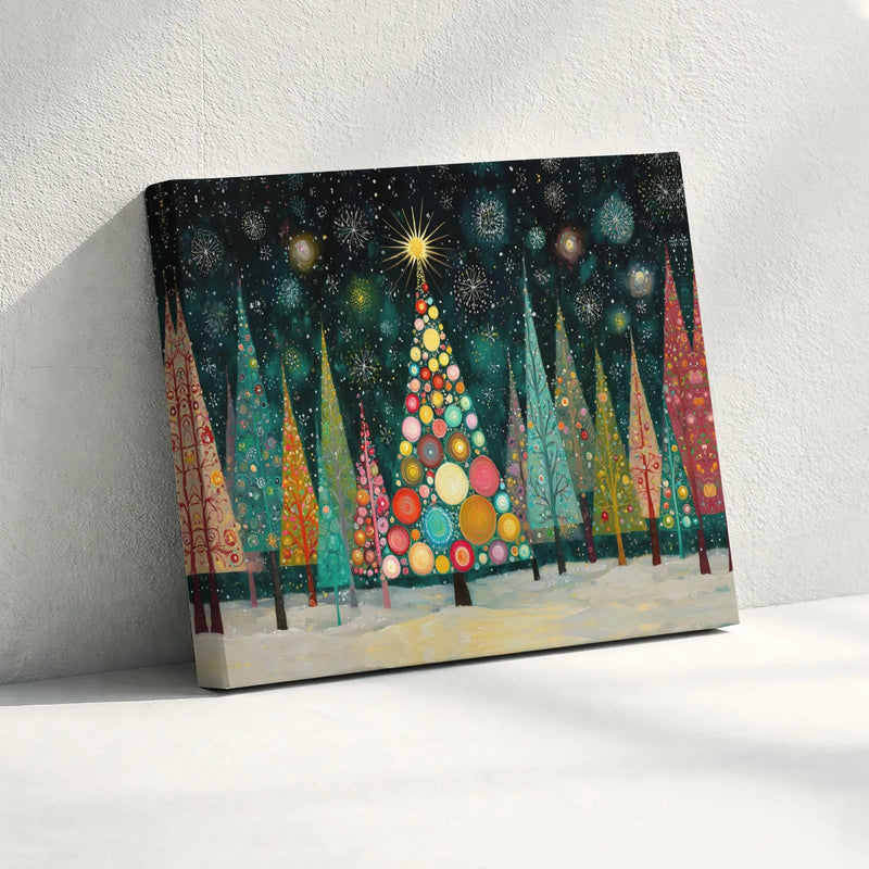 Colorful Forest Canvas Print, Christmas Tree Canvas Art, Whimsical Holiday Landscape Canvas, Festive Christmas Wall Decor, Winter Home Present