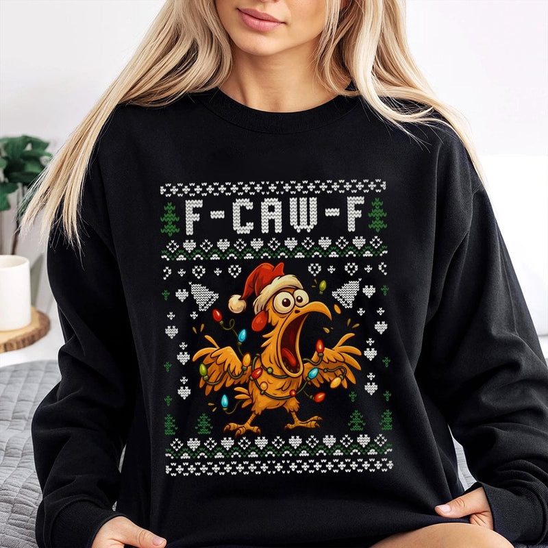 Screaming Chicken Holiday Sweatshirt, F-Caw-F Ugly Christmas Sweatshirt, Humorous Bird Humor Xmas Sweatshirt, Ugly Xmas Party Crewneck
