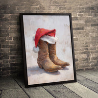 Rustic Christmas Holiday Canvas, Western Cowboy Boots with Santa Hat Canvas Art, Farmhouse Winter Wall Decor, Country Xmas Canvas Print