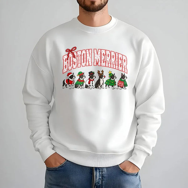 Boston Terrier Christmas Crewneck, Boston Merrier Sweatshirt, Humorous Dog Holiday Sweater, Boston Terrier Pullover, Dog Love