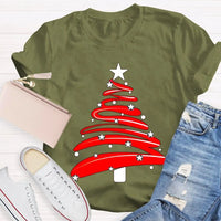 Festive Holiday Season Graphic Tee, Red Christmas Tree Stars Graphic Shirt, Merry Christmas Tree T-Shirt, Winter Holiday Party Apparel