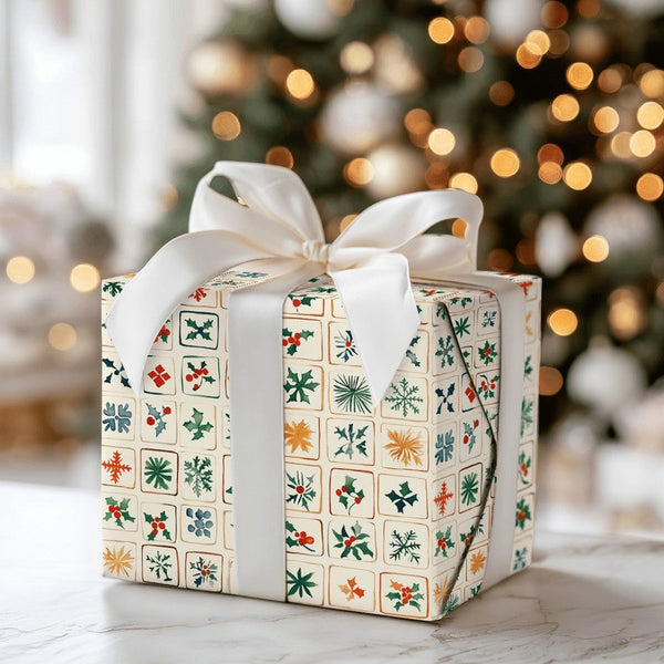 Snowflake and Holly Gift Wrap, Folk Art Christmas Wrapping Paper, Rustic Holiday Wrapping Paper, Traditional Winter Present G