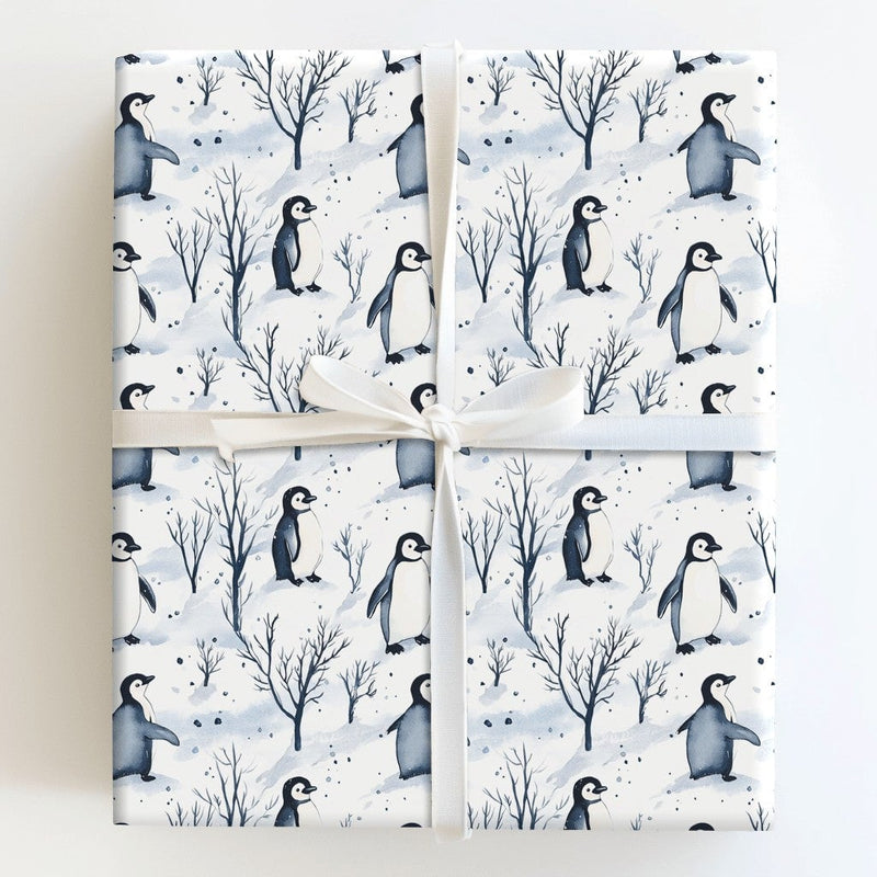 Adorable Winter Holiday Wrapping Paper, Watercolor Penguin Wrapping Paper, Christmas Penguin Gift Wrap, Festive Snowy Tree Wrapping Paper Roll