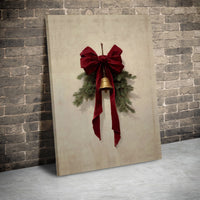 Rustic Red Velvet Bow Canvas Print, Christmas Jingle Bell Wall Art, Pine Branch Holiday Canvas Decor, Winter Farmhouse Seasonal Wall Art