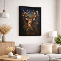 Holly and Pinecone Wreath Canvas, Majestic Deer Christmas Wall Art, Festive Winter Stag Canvas Print, Rustic Holiday Living Room Decor