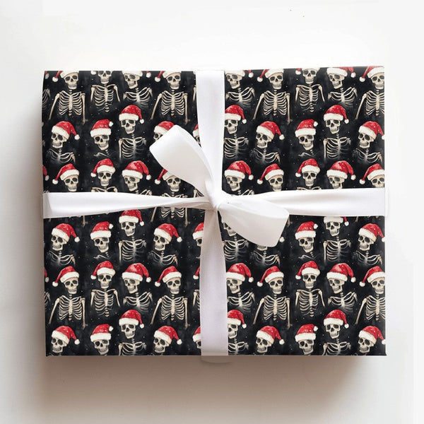 Santa Hat Gothic Gift Wrap, Spooky Skeleton Christmas Wrapping Paper, Creepy Holiday Season Wrapping Paper, Alternative Xmas 