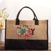 Custom Name Winter Cotton Tote Bag, Personalized Christmas Elk Snowflakes Tote Bag, Holiday Reindeer Canvas Shopping Bag Present