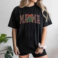 Adorable Holiday Season Graphic Tee, Mama Christmas Tree Leopard Print T-Shirt, Buffalo Plaid Mom Shirt, Festive Xmas Family Outfit Present