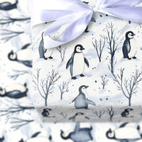 Adorable Winter Holiday Wrapping Paper, Watercolor Penguin Wrapping Paper, Christmas Penguin Gift Wrap, Festive Snowy Tree Wrapping Paper Roll