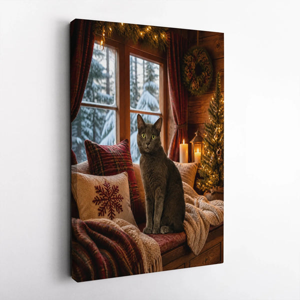 Grey Cat Snowy Window Wall Art, Comfy Winter Cat Canvas, Christmas Cabin Cat Canvas Print, Holiday Candlelight Cat Wall Decor