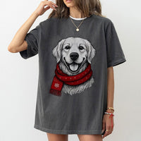 Dog with Red Scarf Holiday Shirt, Golden Retriever Christmas T-Shirt, Festive Xmas Dog Lover Graphic Tee, Adorable Puppy Holiday Present