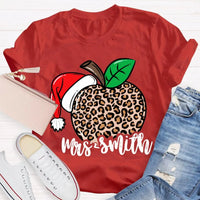 Custom Name Christmas T-Shirt, Personalized Leopard Santa Hat Shirt, Festive Holiday Graphic Tee, Comfy Xmas Present for Her, Adorable Top