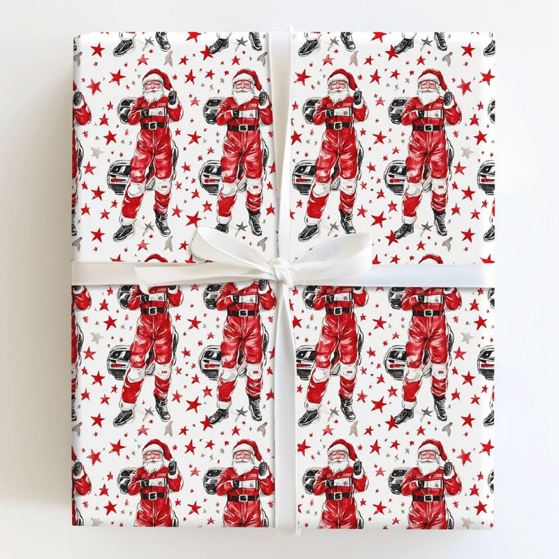 Motorsports Christmas Gift Wrap, Santa Race Car Driver Wrapping Paper, Racing Driver Holiday Gift Wrap, Humorous Christmas Wrapping Paper Roll