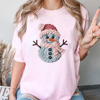 Adorable Winter Snowman T-Shirt, Knitted Snowman Christmas Shirt, Faux Knit Holiday Graphic Tee, Comfy Xmas Present Shirt for Women